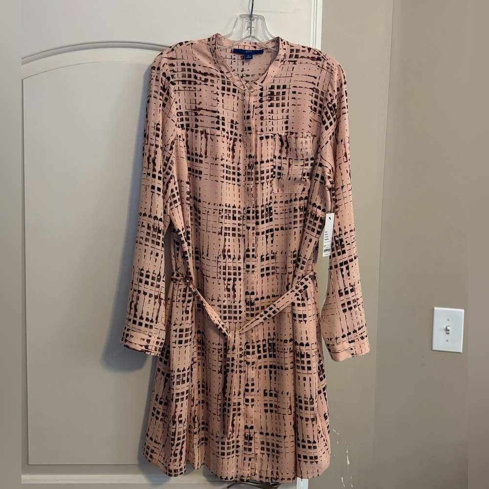 Long-Sleeve Pink Patterned Shirt Dress with Tie Waist
